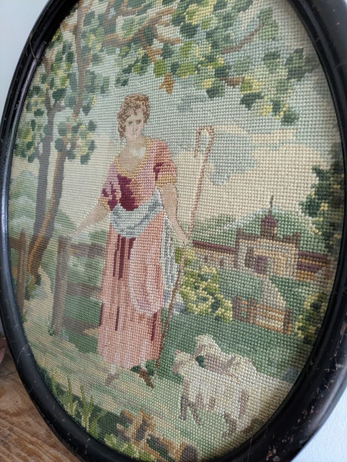 Antique Oval Vintage Framed Handmade Wool Needlepoint Tapestry Shepherdess Sheep
