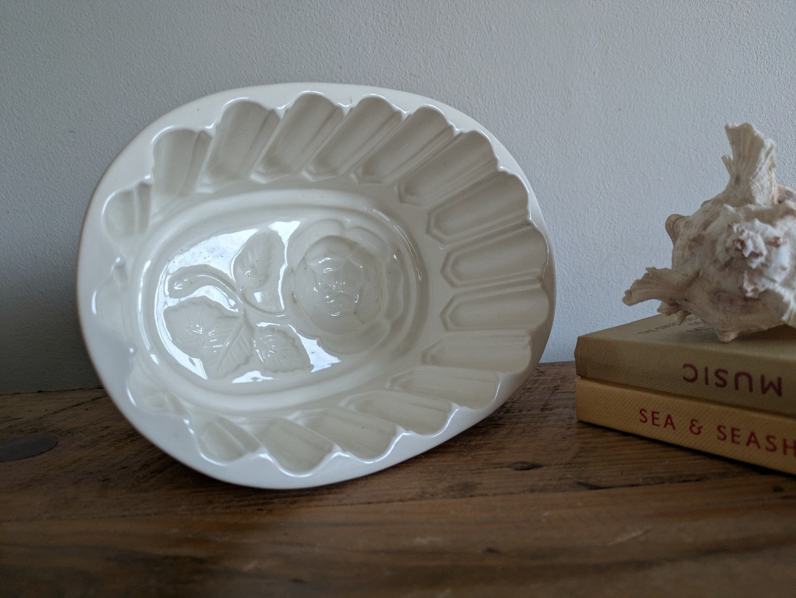 XL Antique White Jelly Mould Oval Ironstone with Rose Motif Victorian Impressed