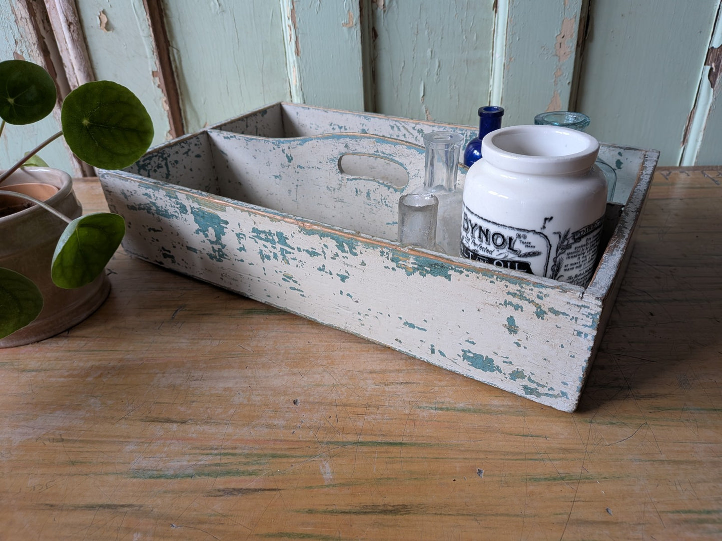Vtg Distressed Paint Antique Wooden Cutlery Tray Box Kitchen Trug Sectional Prop
