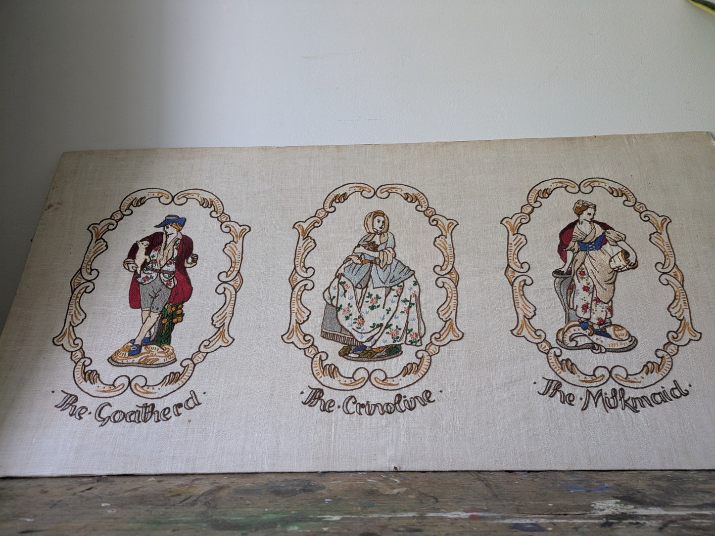 Vintage Antique Hand Embroidered Pictures of Crinoline Lady, Goatherd, Milkmaid