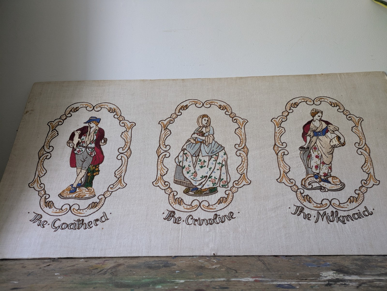 Vintage Antique Hand Embroidered Pictures of Crinoline Lady, Goatherd, Milkmaid