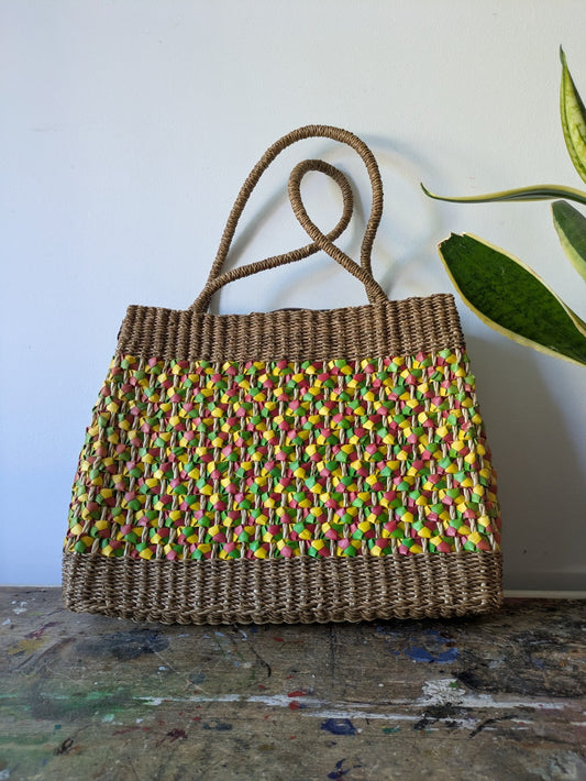 Vintage Woven Rattan Retro Shopping Basket Tote Zip Handbag Storage Bag Straw 
