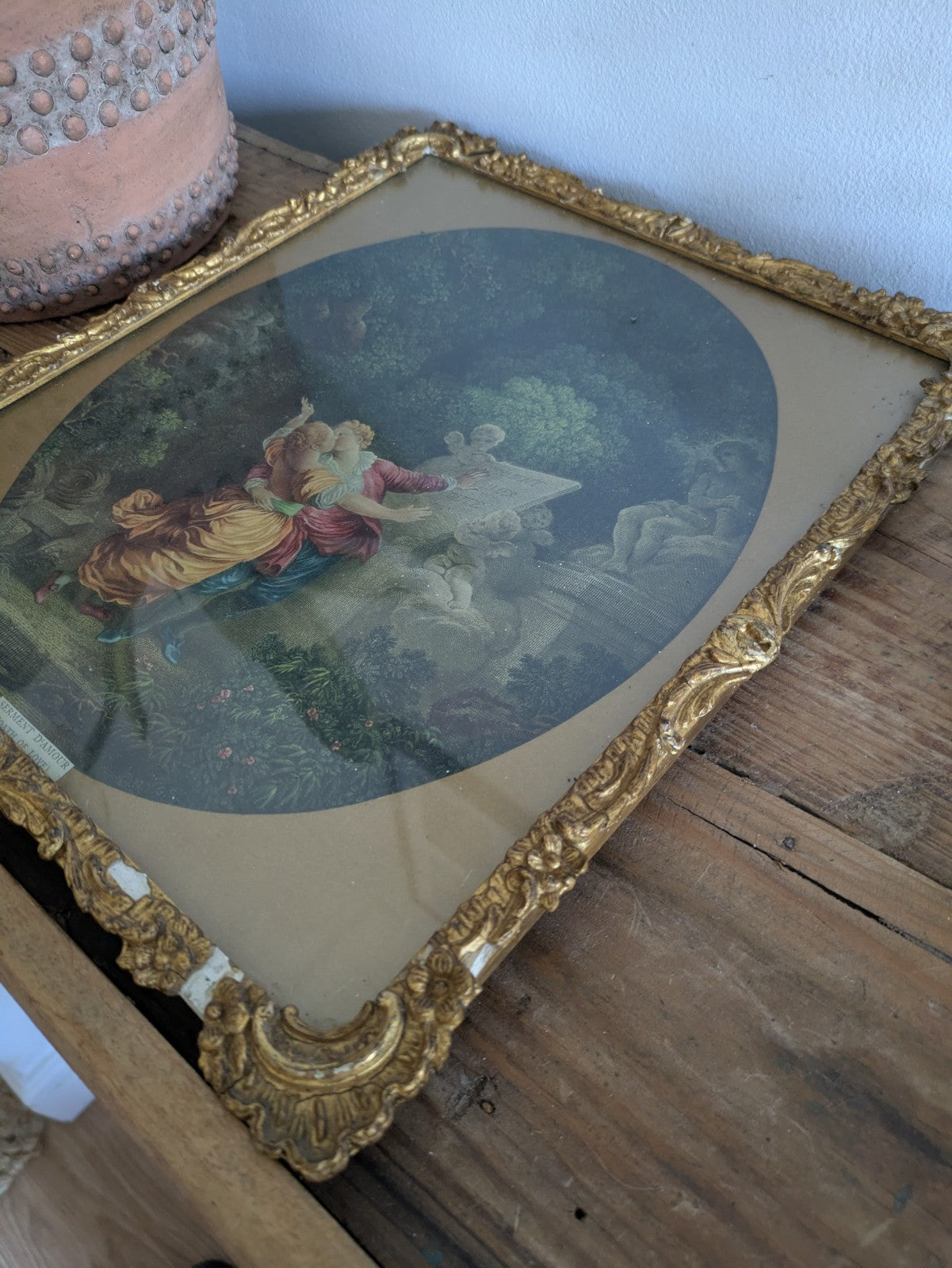Antique 19th Cent Colored Engraving Le Serment d'Amour  The Lover's Oath Framed 