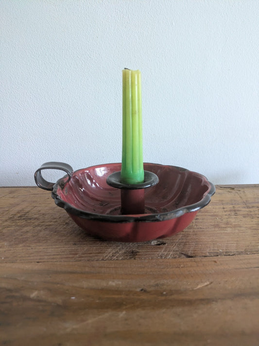 Vintage Red Fluted Shape Traditional Enamel Candleholder / Chamber Stick Candle