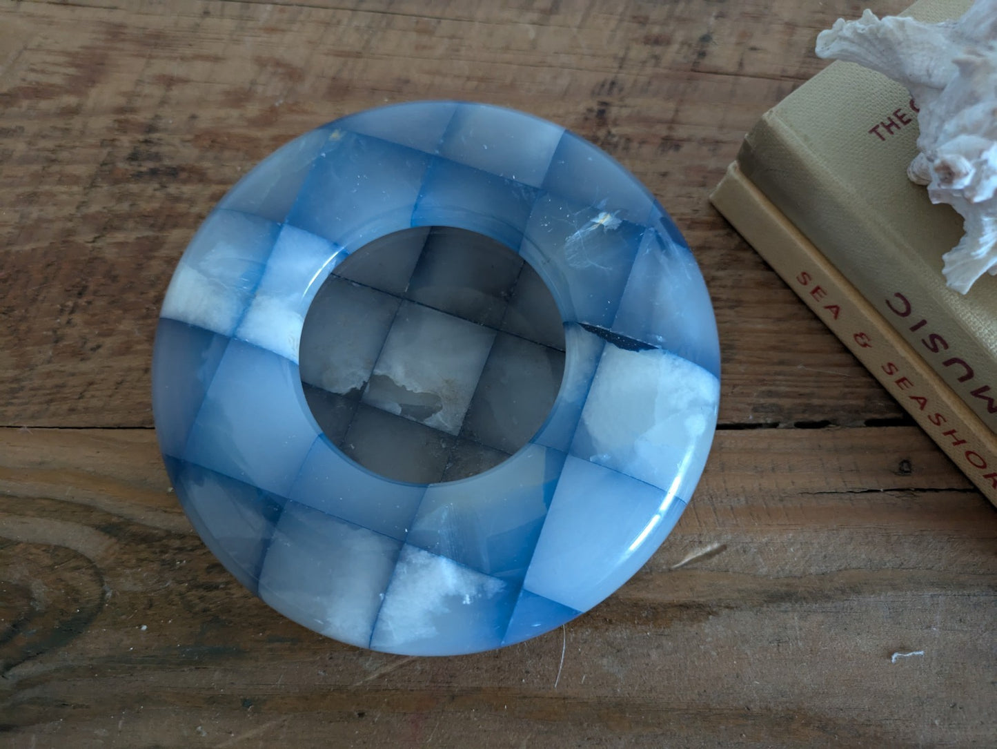 Vintage Round Italian Onyx Ashtray Natural Stone Marble Checkerboard Blue 60-70s