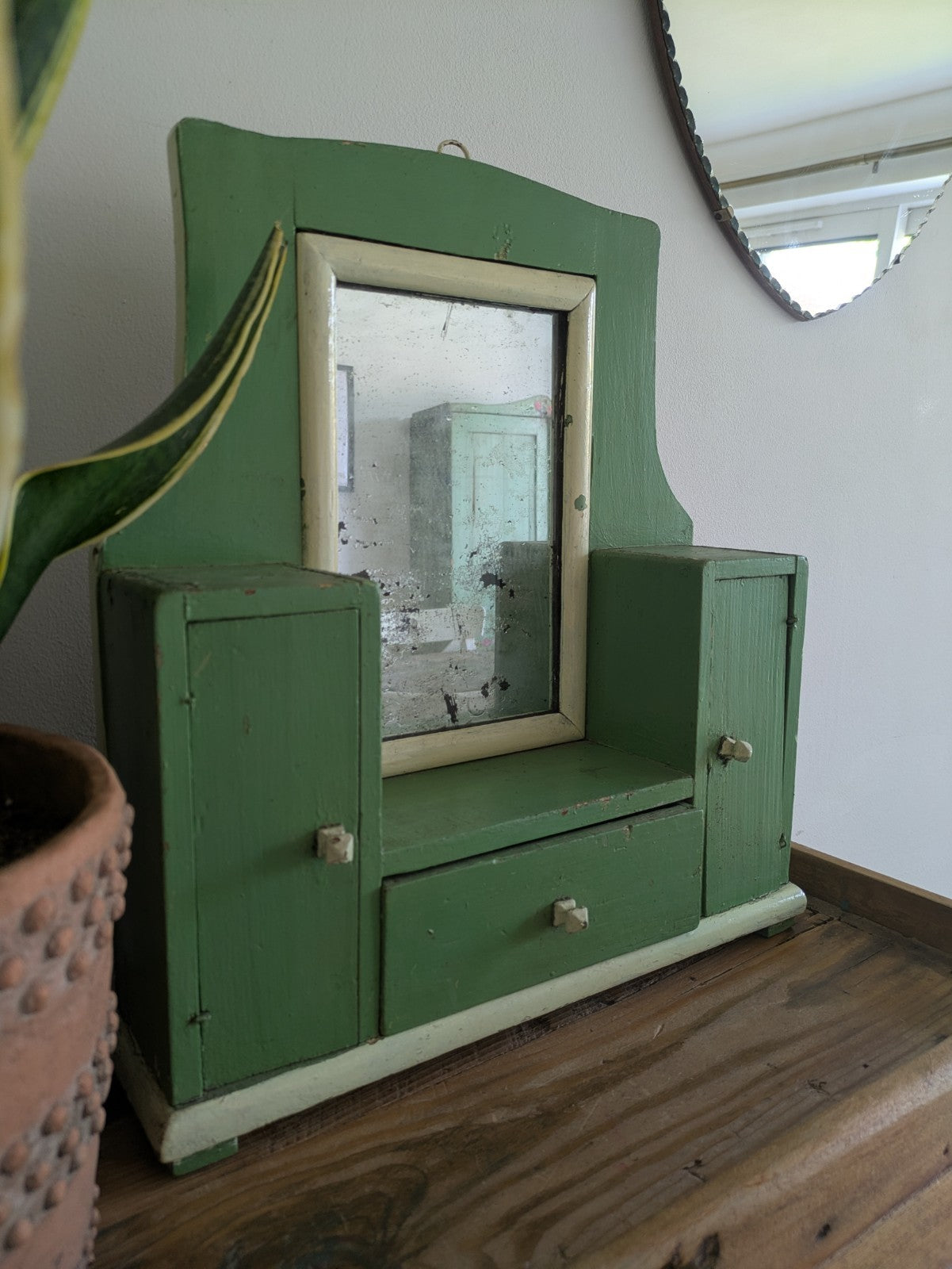 Antique Romanian Art Deco Wood Table Vanity Mirror Drawers Green Cupboard Wall