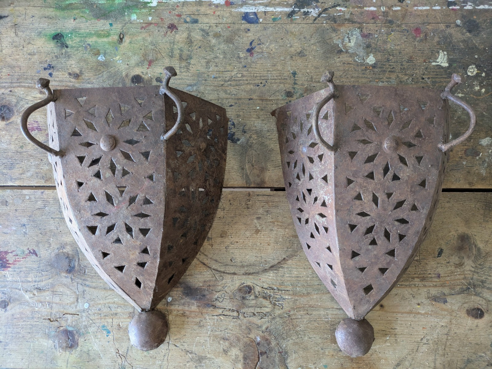 Pair Handmade Pierced Open Iron Moroccan Wall Sconces Lights Candles Lamp Decor