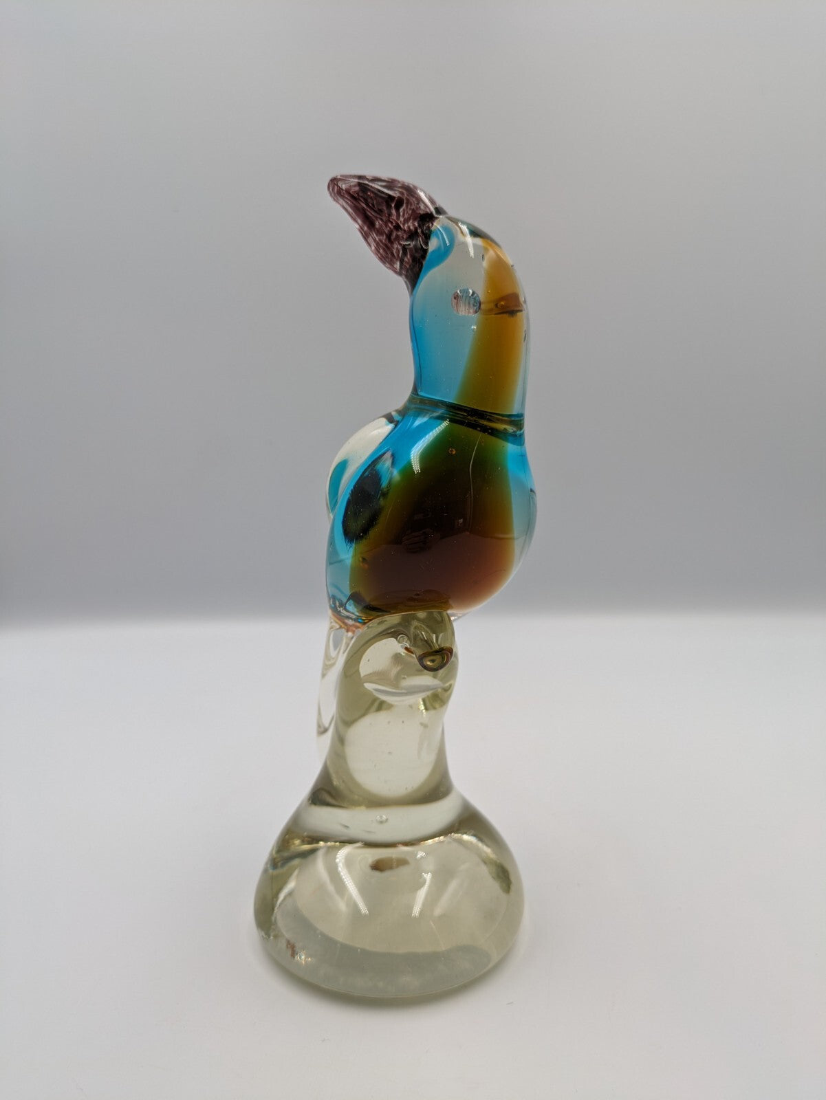 Large Murano Style Heavy Art Glass Brown Blue Bird Vtg Parrot Figurine 21.3cmH 