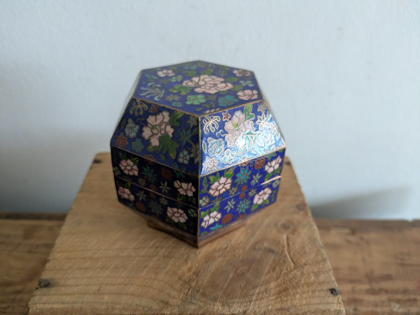 Superb Japanese Cloisonne Enamel Hexagon Shaped Box Blue Floral Vintage Pot Vgc