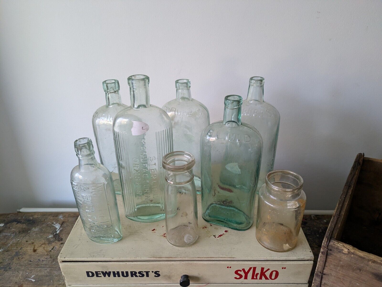 8x Antique Vintage Glass Bottles vase flower Scrubbs Chemist apothecary curved