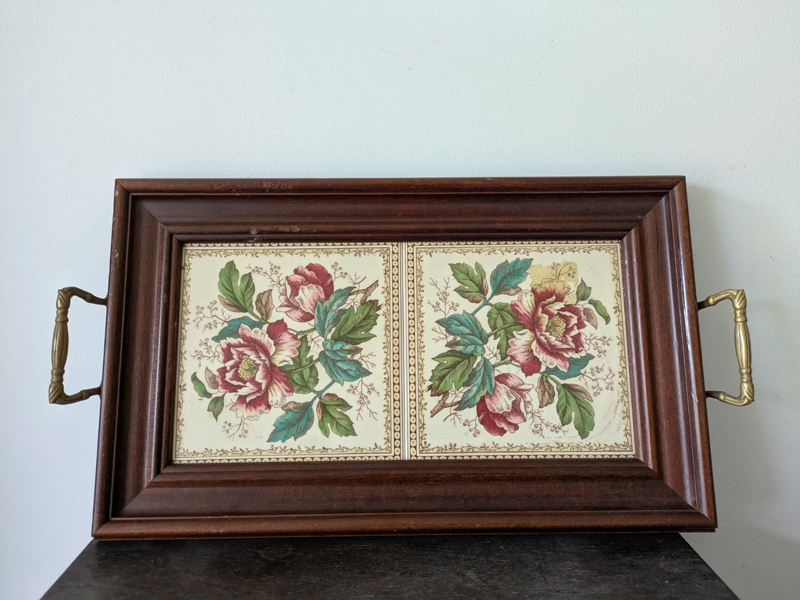 Vintage Tray Ceramic Rose Floral Tiles Wooden Frame & Brass Handles Serving Old