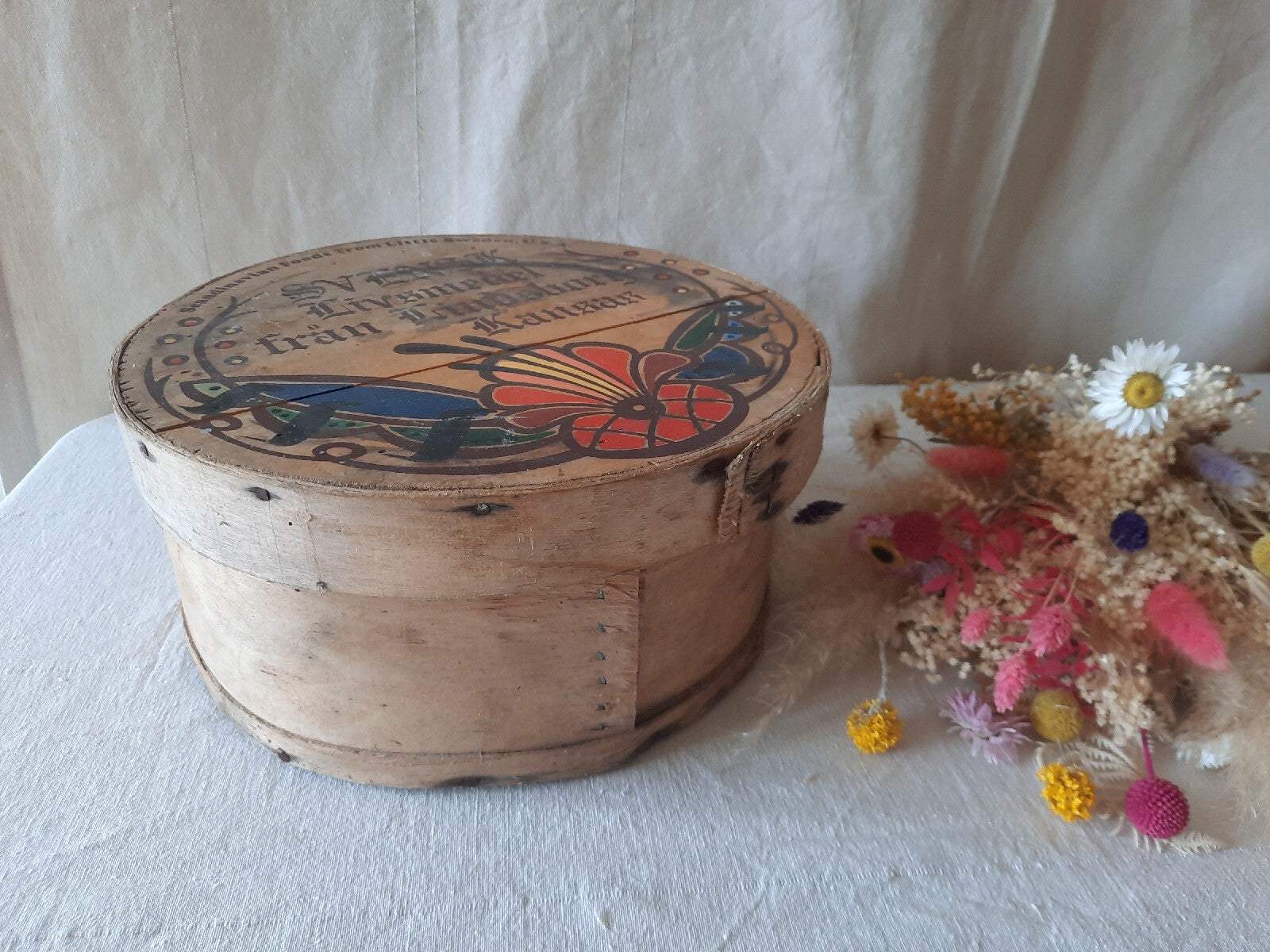 Vtg Wooden Pantry Box Hand Painted Flowers Little Sweden, USA Food Bentwood Rare