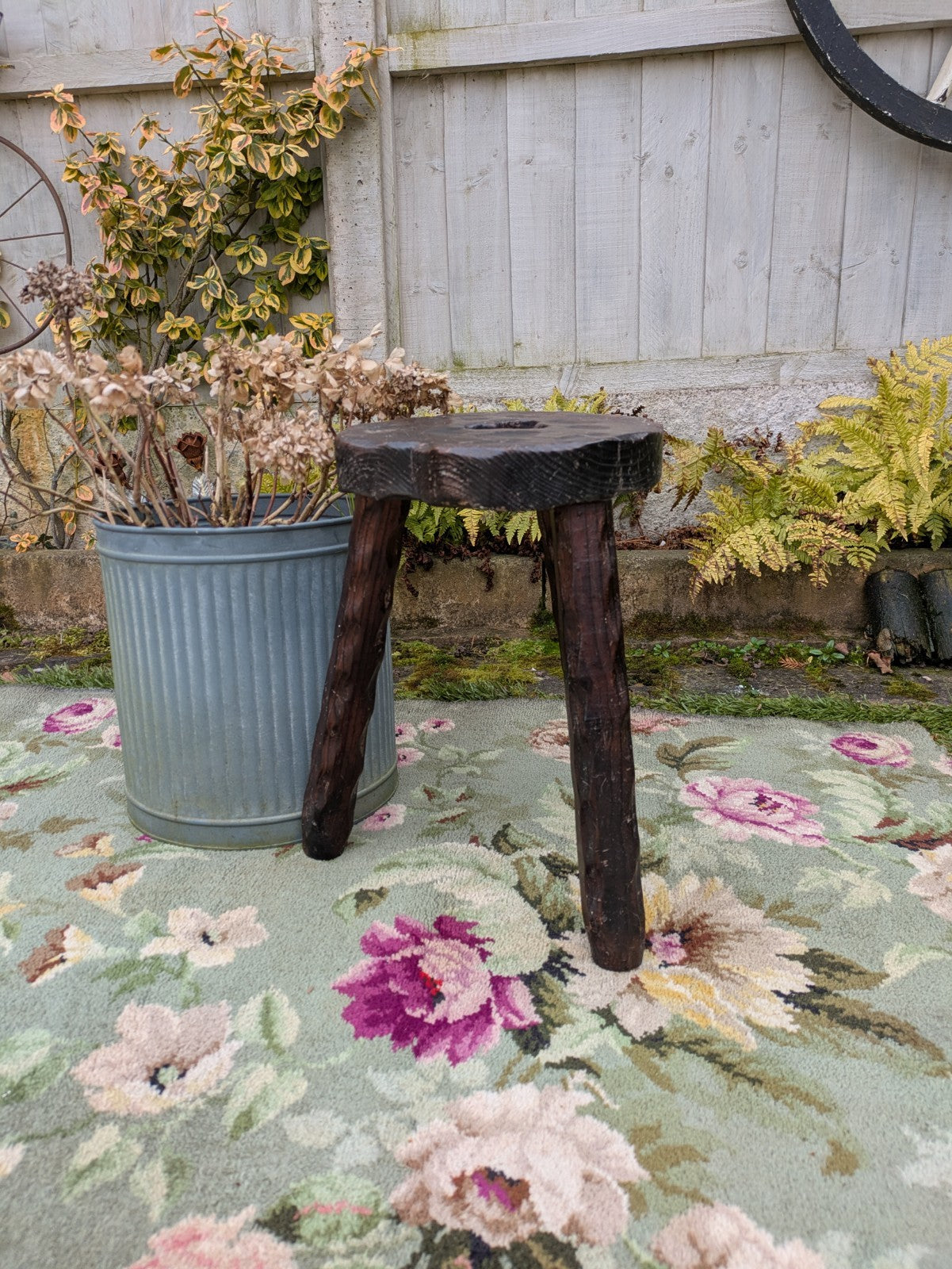 Vtg Hand Carved Stool Campaign Brutalist Screw Leg Wooden Milking Tripod Seat