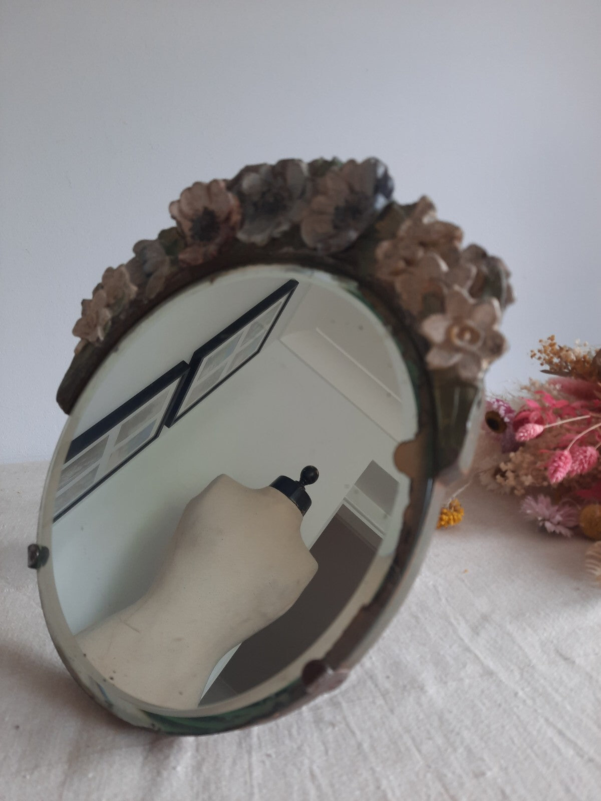 Vintage Barbola Mirror Circa 20s 1930s art deco floral antique Round bevel edge