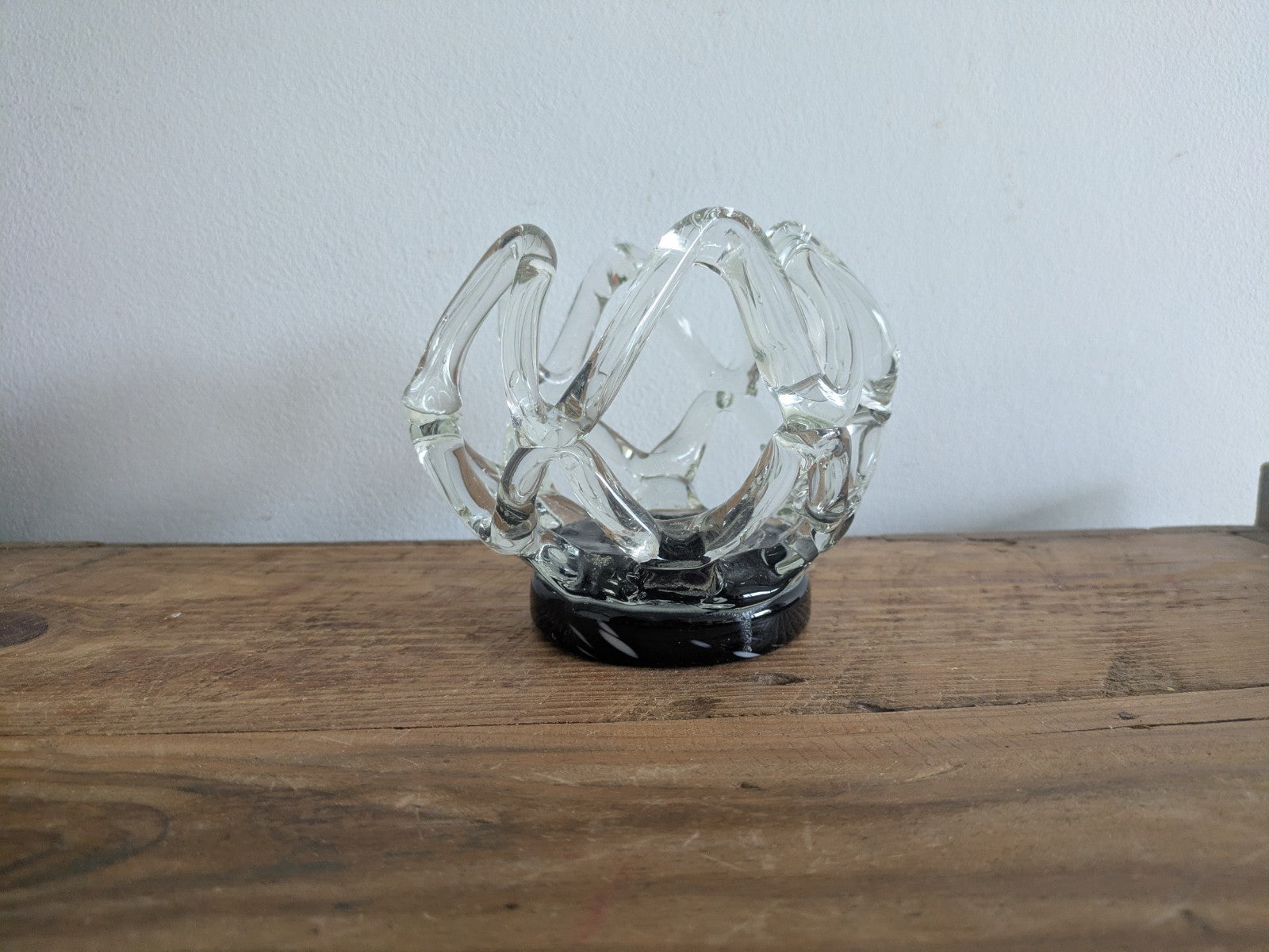 Vintage Murano Style Lattice Webbed Vase Glass Black Clear Centrepiece Bowl Vgc