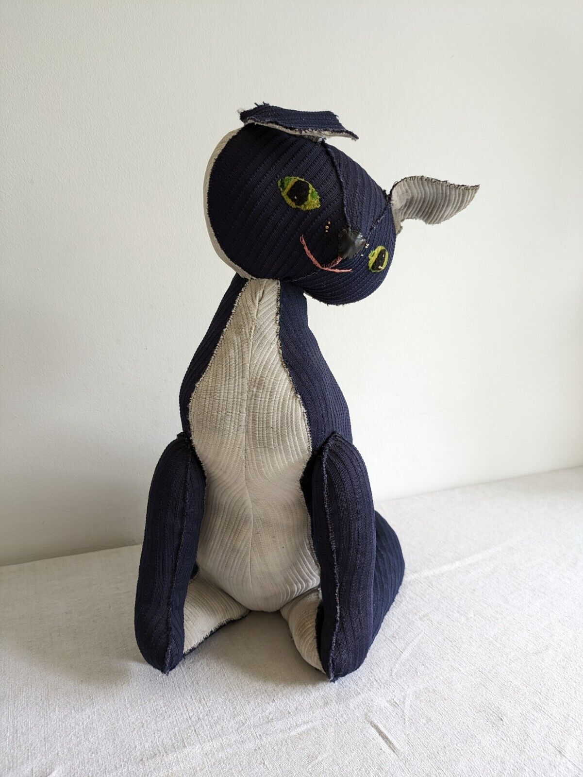 Vintage Cat Door Stopper Handmade White Blue Retro Kitsch Film TV Prop Rare Old