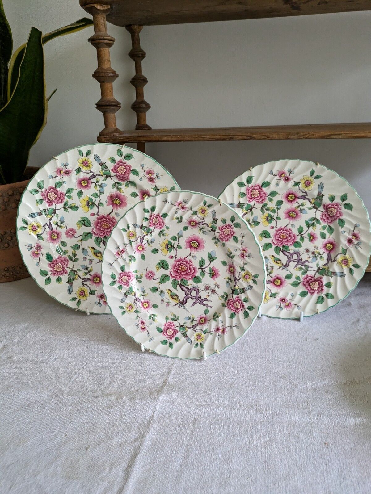 3x Vintage James Kent Old Foley 'Chinese Rose' Starter Salad Dinner Plate Set Vg