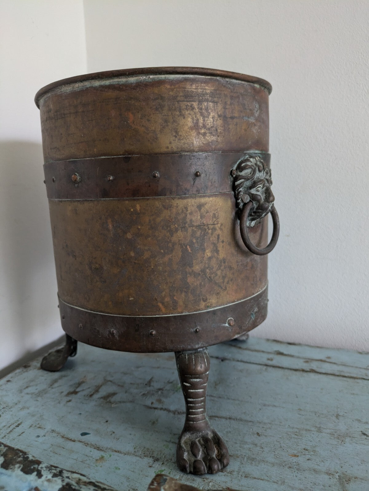 19th C Antique Copper Brass Lion Log Coal Bucket Planter Ice Cylinder 3 Leg Rare
