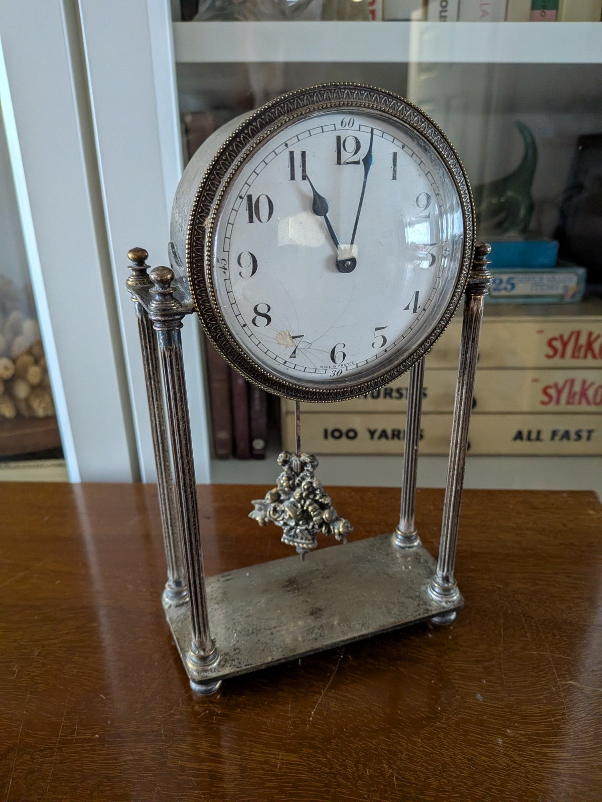 Antique French Portico Drumhead Mantel Clock Pendulum Silver-Plated VTG Art Deco