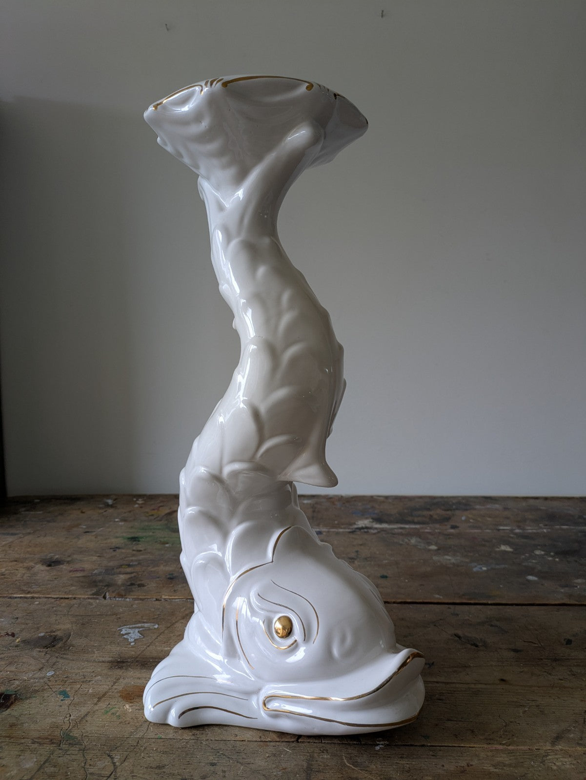 XL DOLPHIN CERAMIC CAPODIMONTE ITALIAN WHITE MID CENTURY VTG PLANT STAND TABLE