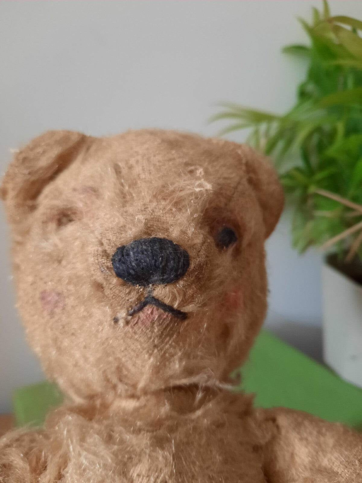 Antique Small Jointed Old Mohair Teddy Bear straw stuffed vintage RARE worn toy