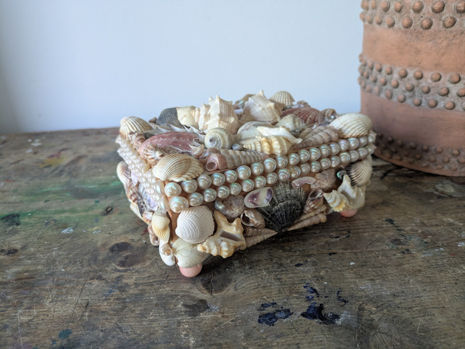 Vintage Seashell Encrusted Trinket Jewelry Box Genuine Retro Lined Wooden Hinged