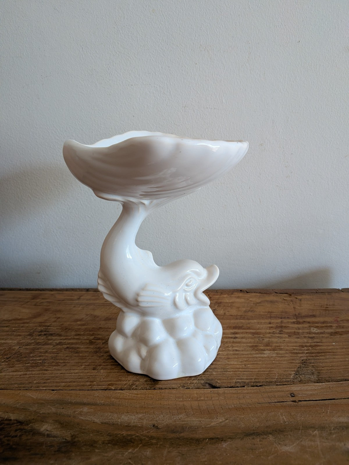 Pedestal Fish And Shell Ceramic Soap Dish Vintage 1950's-60's Dolphin Koi Clam 