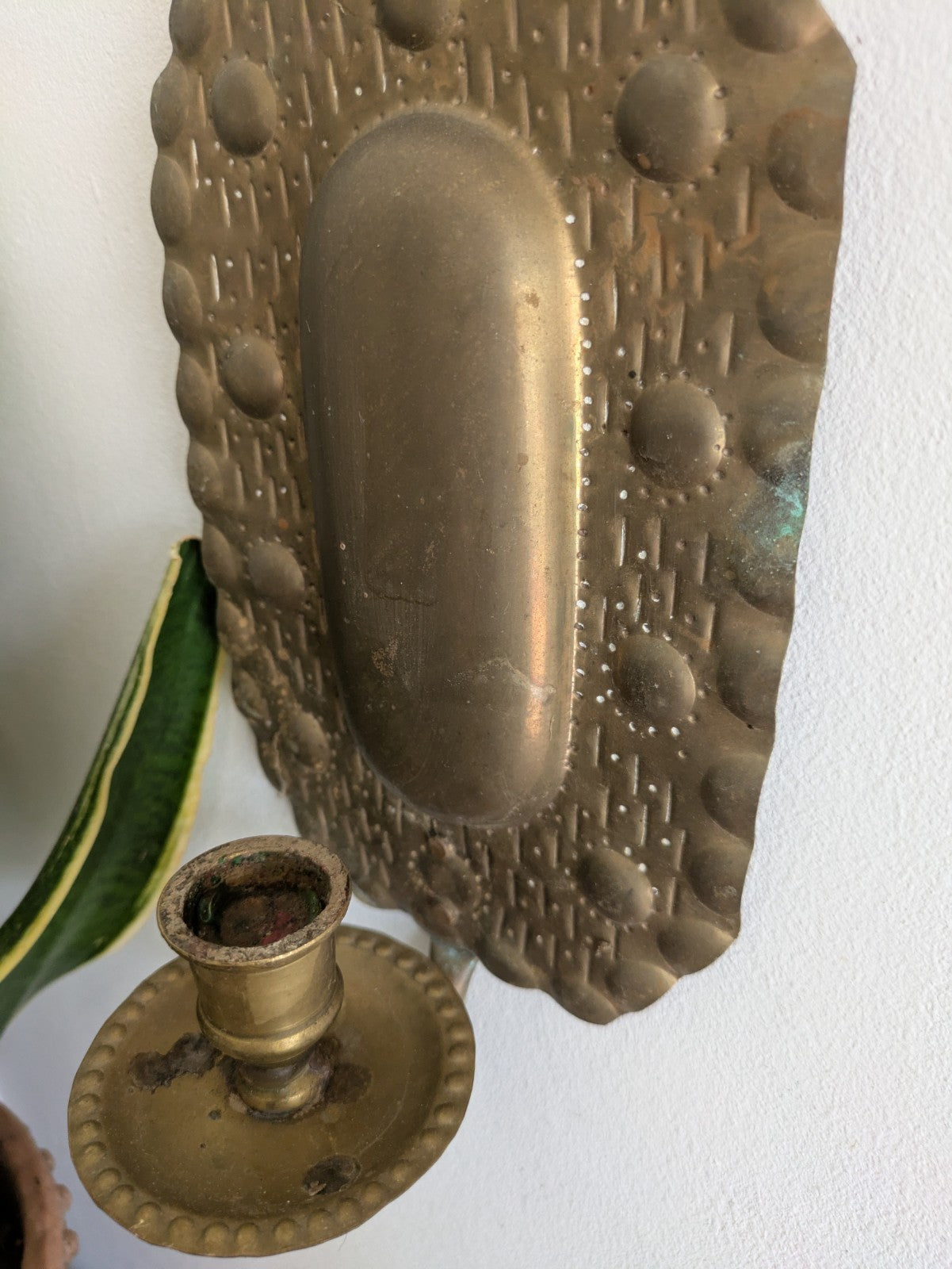 Superb Single Vintage Swedish Repoussé Brass Candle Wall Sconce Holder Hammered
