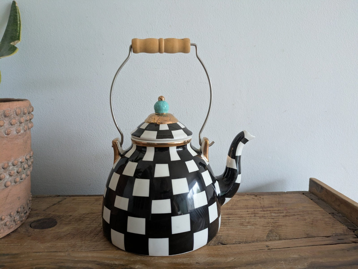 China Blue Tip Black And White Checkered Teapot With Lid MacKenzie Child Style