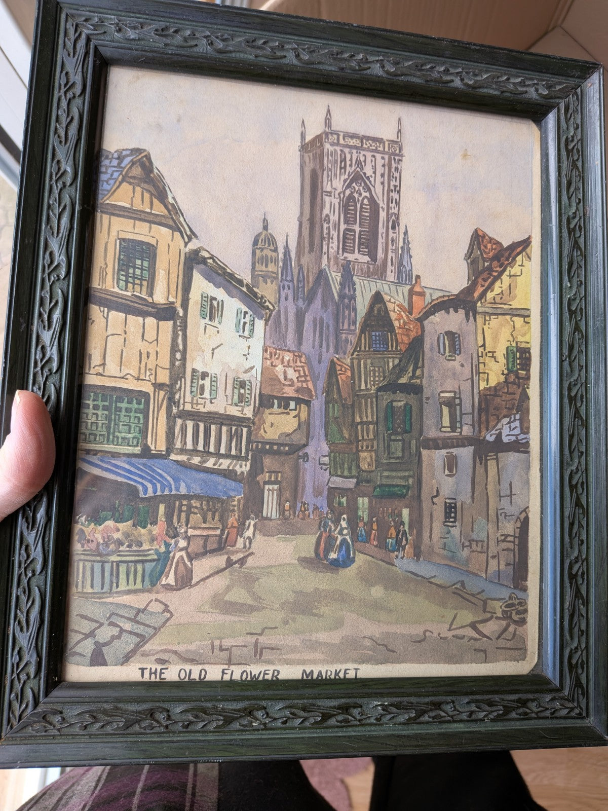 Antique Artist Signed Watercolour Old Flower Market Ornate Frame Green Original 