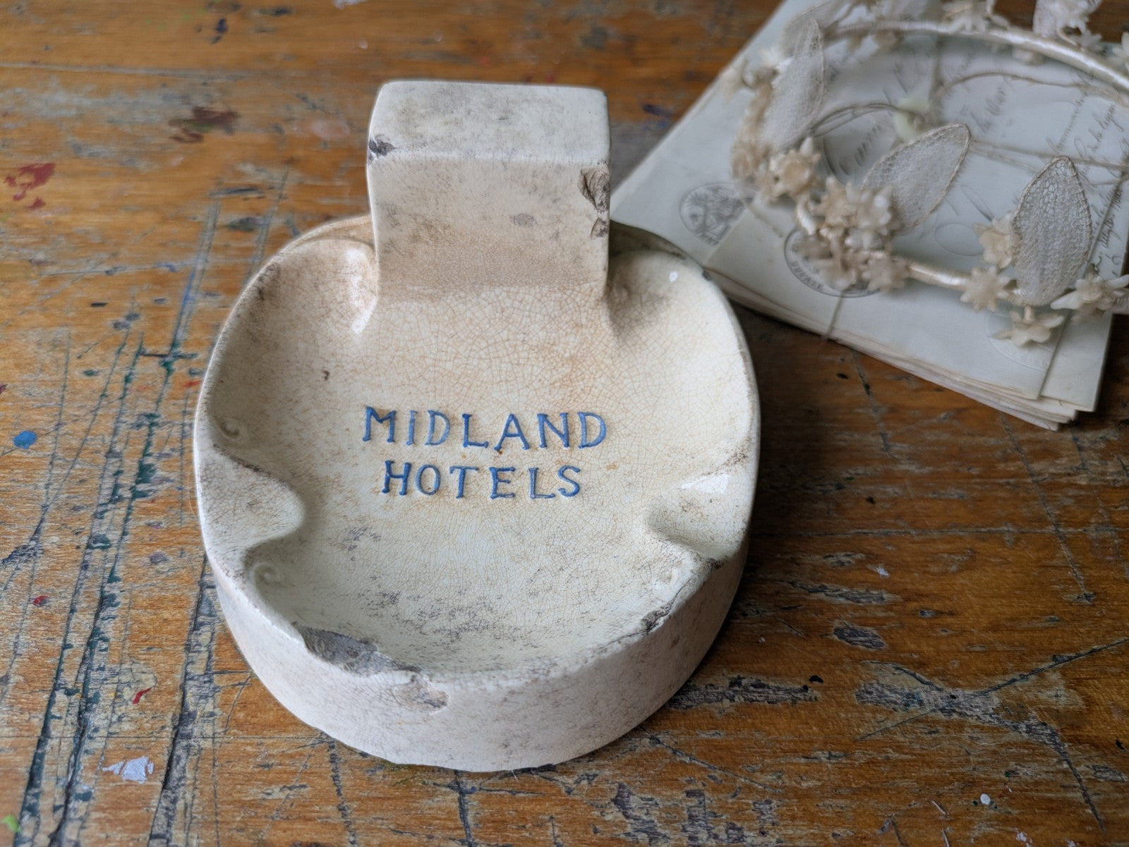 Antique Midland Hotels Ironstone Match Striker Ashtray Crazed Advertising Rare 