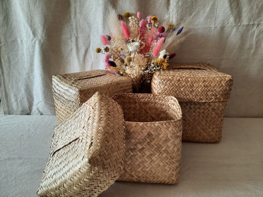 Set Of 3 Wicker Cane Woven Nested Storage Baskets Boxes Stacking graduated squar