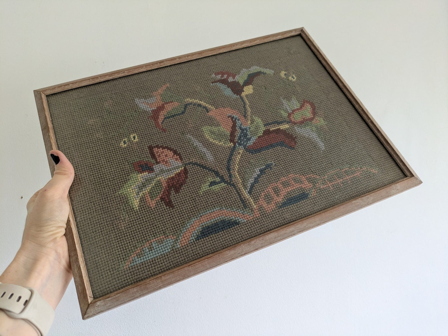Vintage Antique Floral Tapestry Embroidery Cross Stitch Picture Framed Tree Life