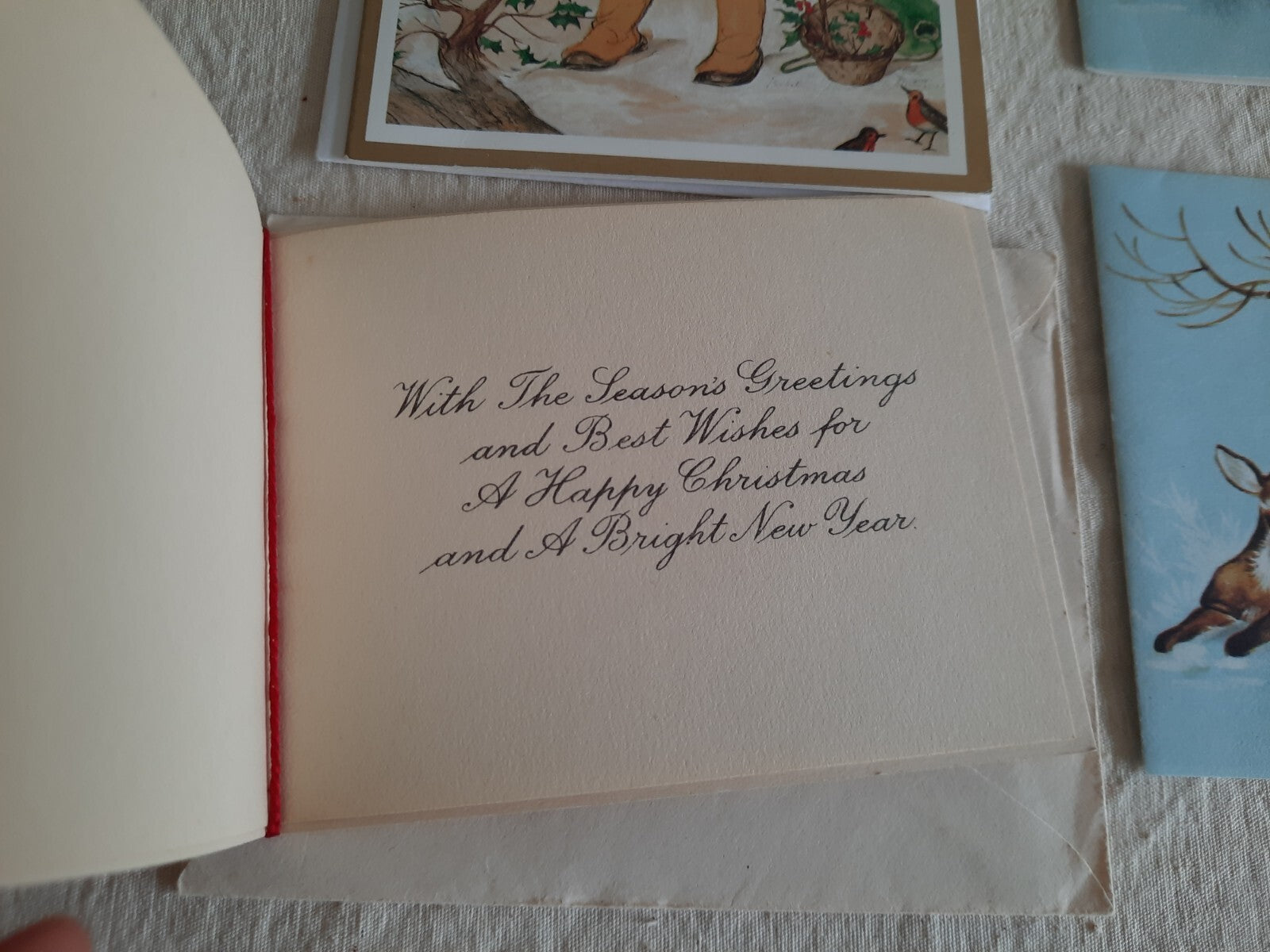 5 original vintage unused Christmas cards 1930s deco bell floral Snow Deer Baird
