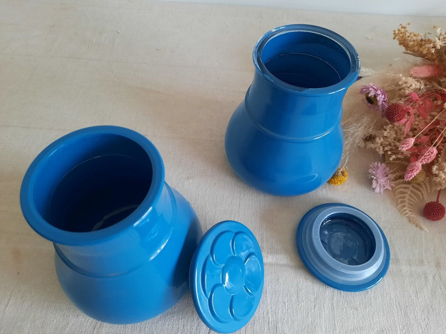 2 70s FRANCE KITCHEN JARS GLASS VERRERIE DU GIER SUNFLOWER DAISY FLOWER BLUE PAI