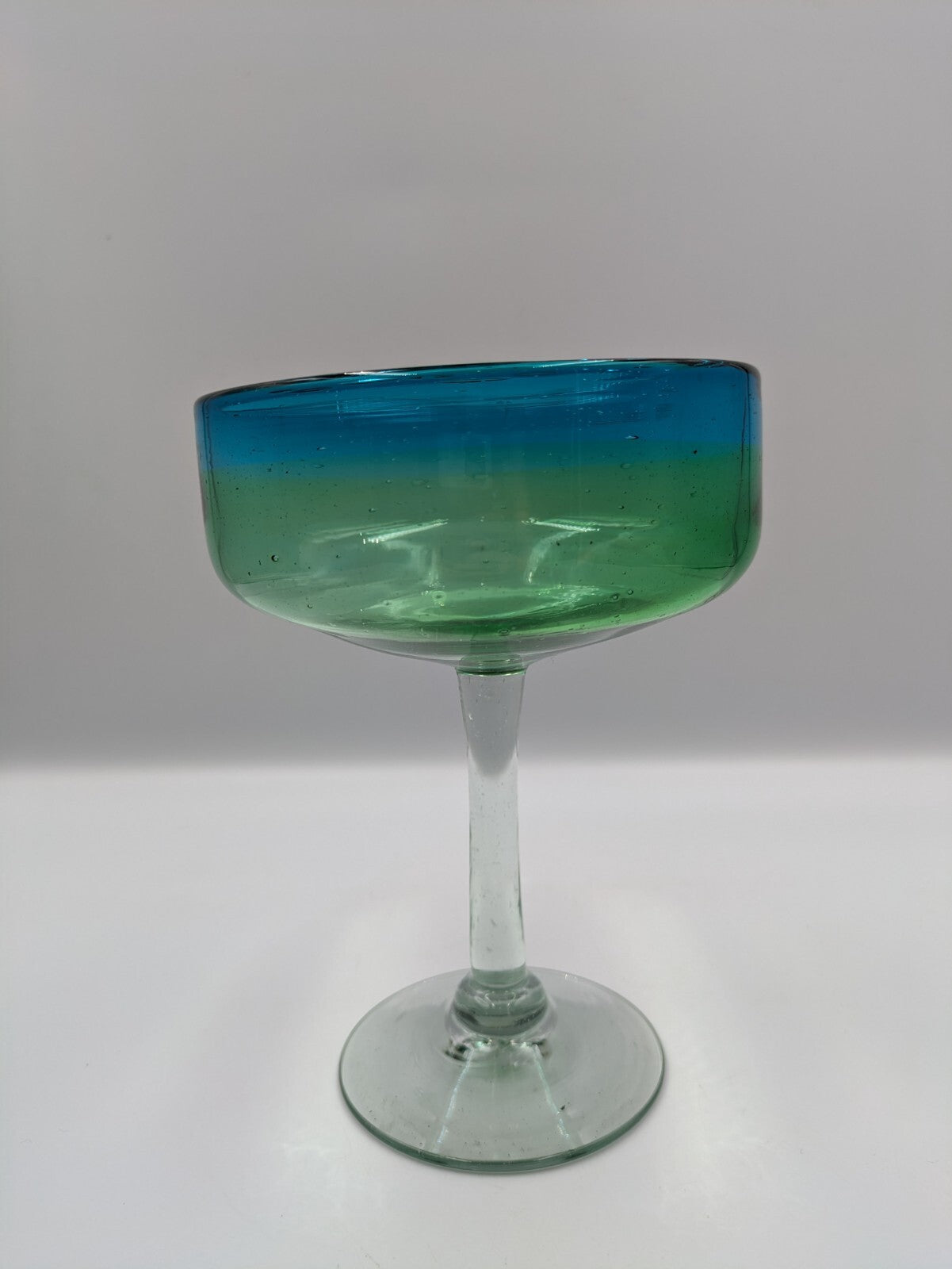 Vtg Hand Blown Aqua Blue and Green Margarita Glasses Two Toned Glass Bubbles Vgc