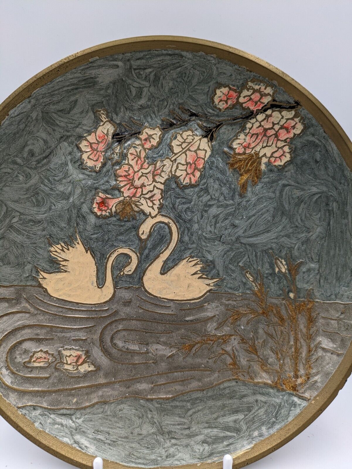 vintage swan enamel plate India dish wall hanging cloisonne Brass Blossom Pond