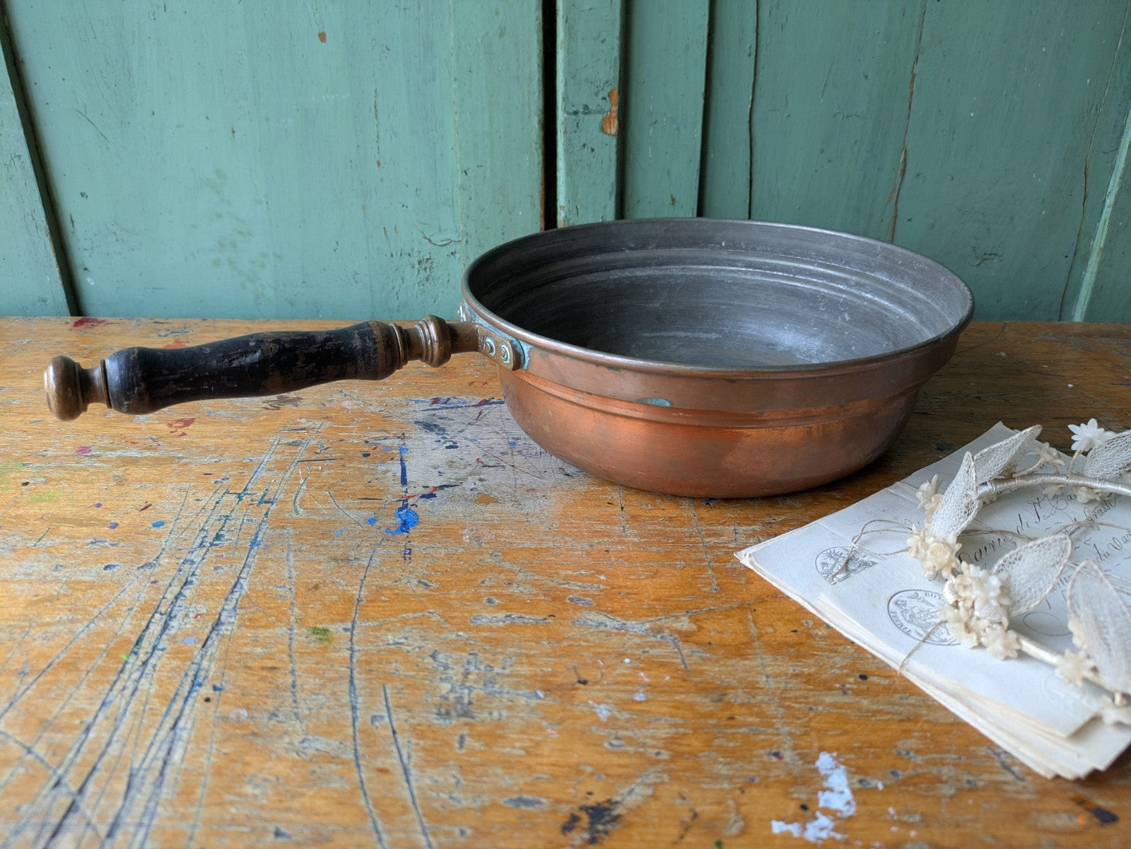 Antique Rare Vintage Nader Copper Pan with Tinned Lining & Wooden Handle Frying