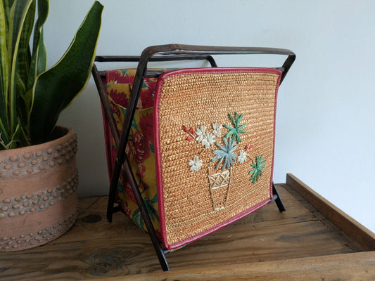 Vintage Folding Sewing Bamboo Woven Applique Magazine Tiki Rack Newspaper Basket