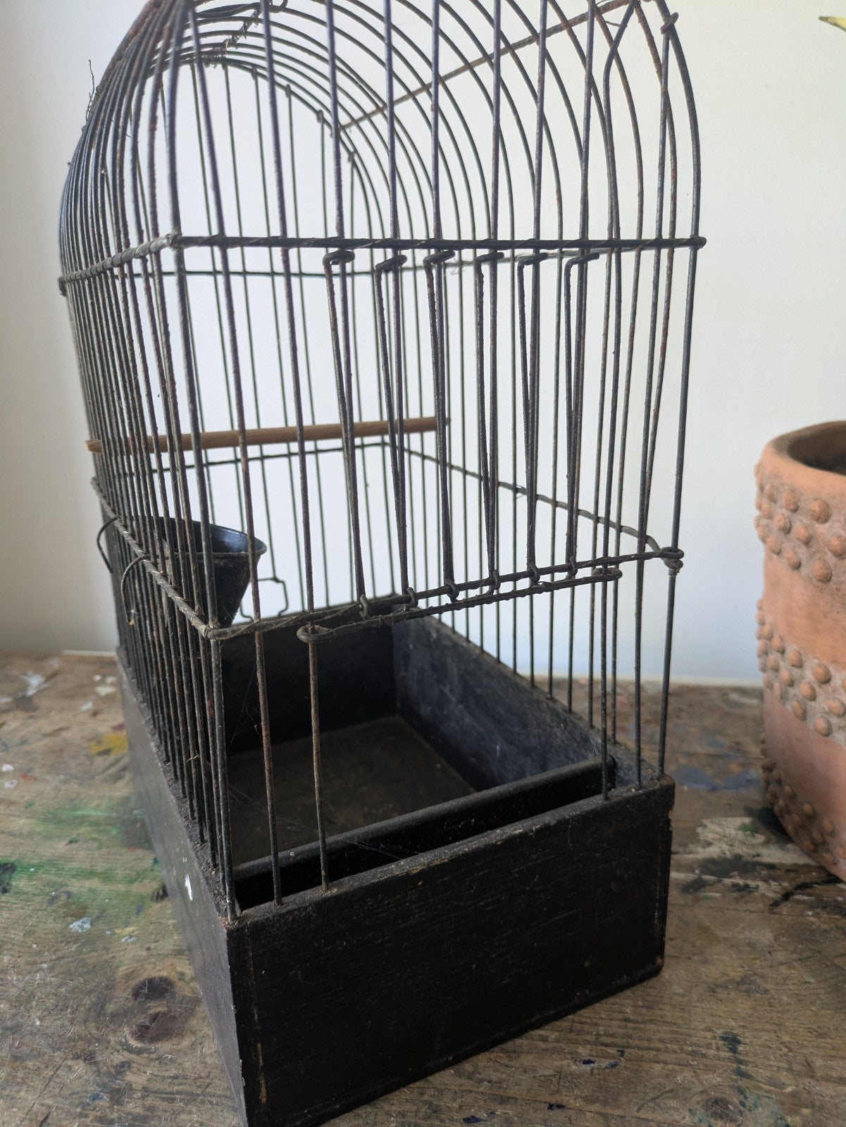 VTG Canary Black Wire Show Carry Bird Cage Decor Bird Cage Wooden Antique Prop