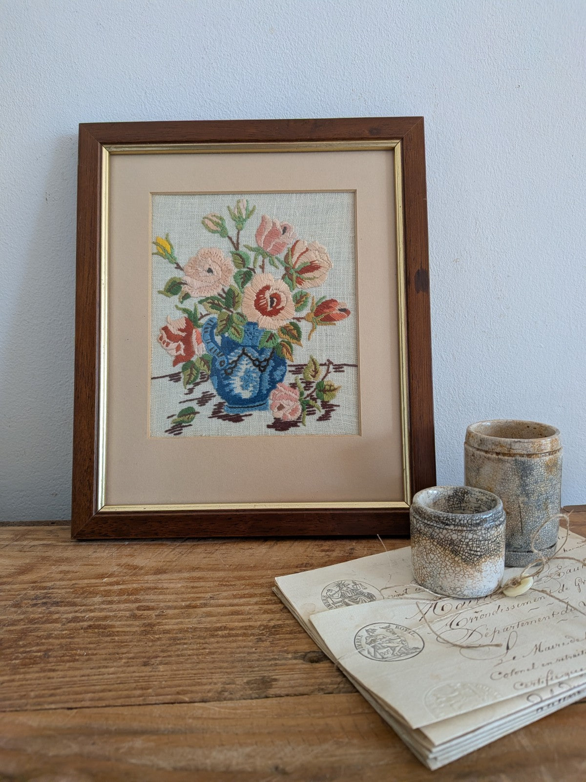 Vintage Pink Rose Bouquet Needlepoint Embroidery Floral Art Handmade Framed Vase