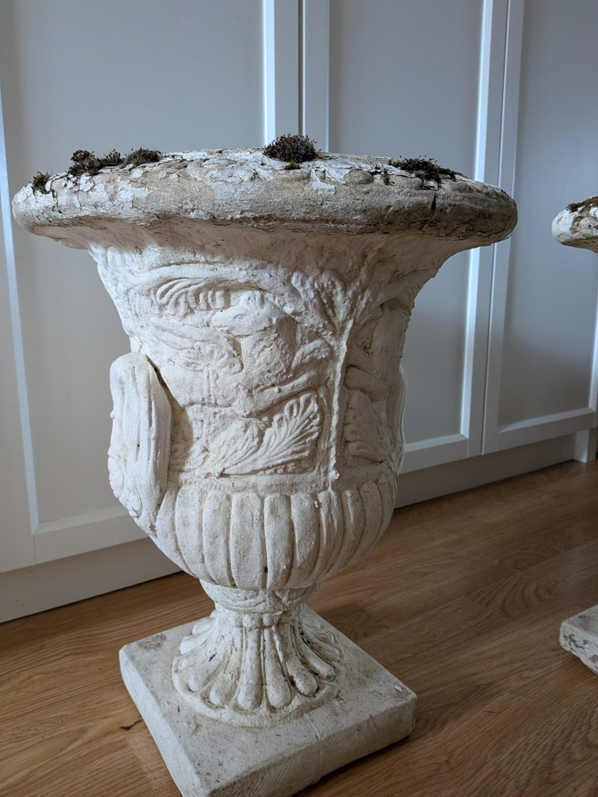 Pair Reclaimed Classical Medici Garden Urn Planter Cast Stone Handles Weathered