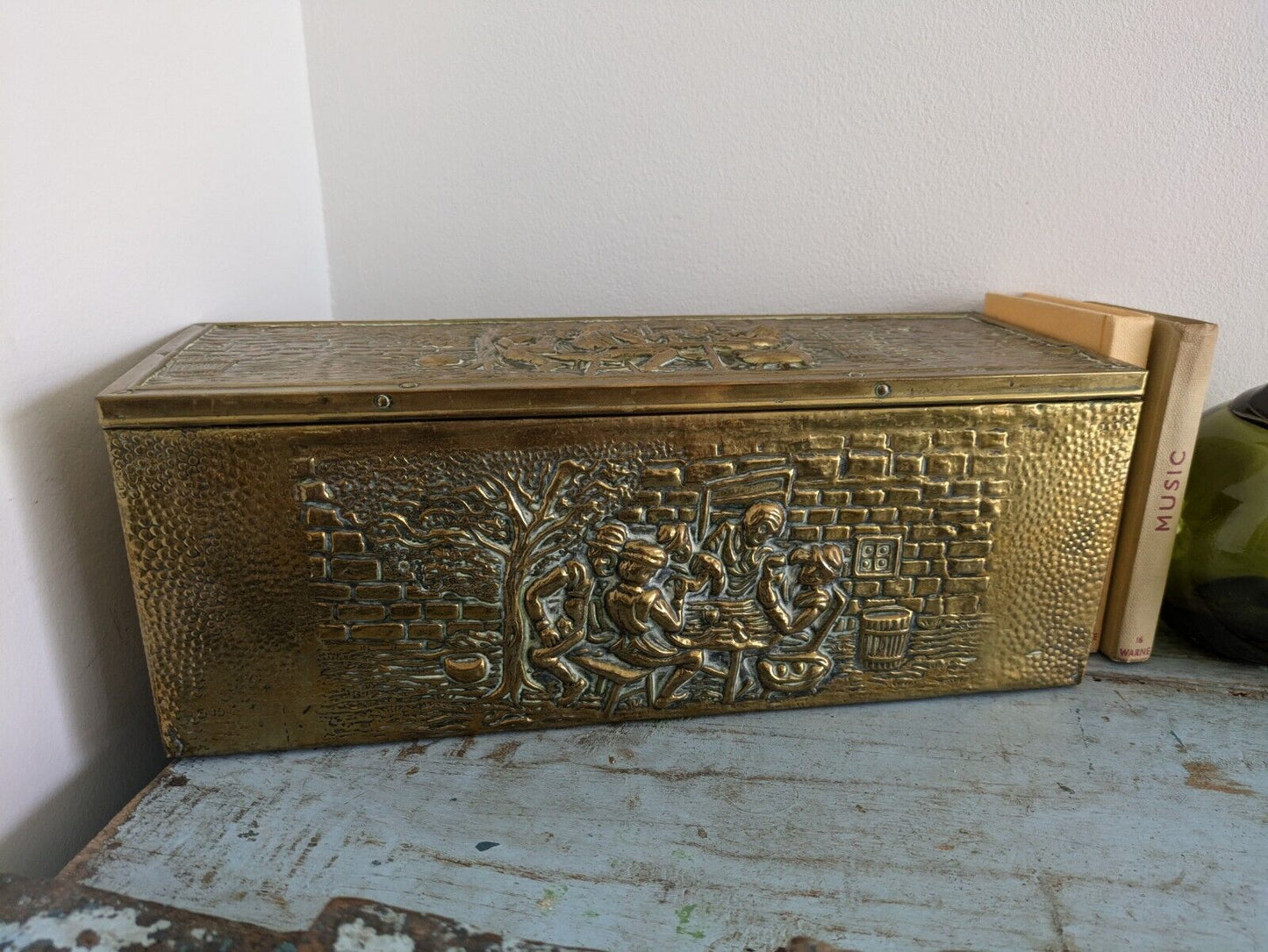 Antique 19th Century Vintage Embossed Brass and Wood Slipper Box Narrow Storage 