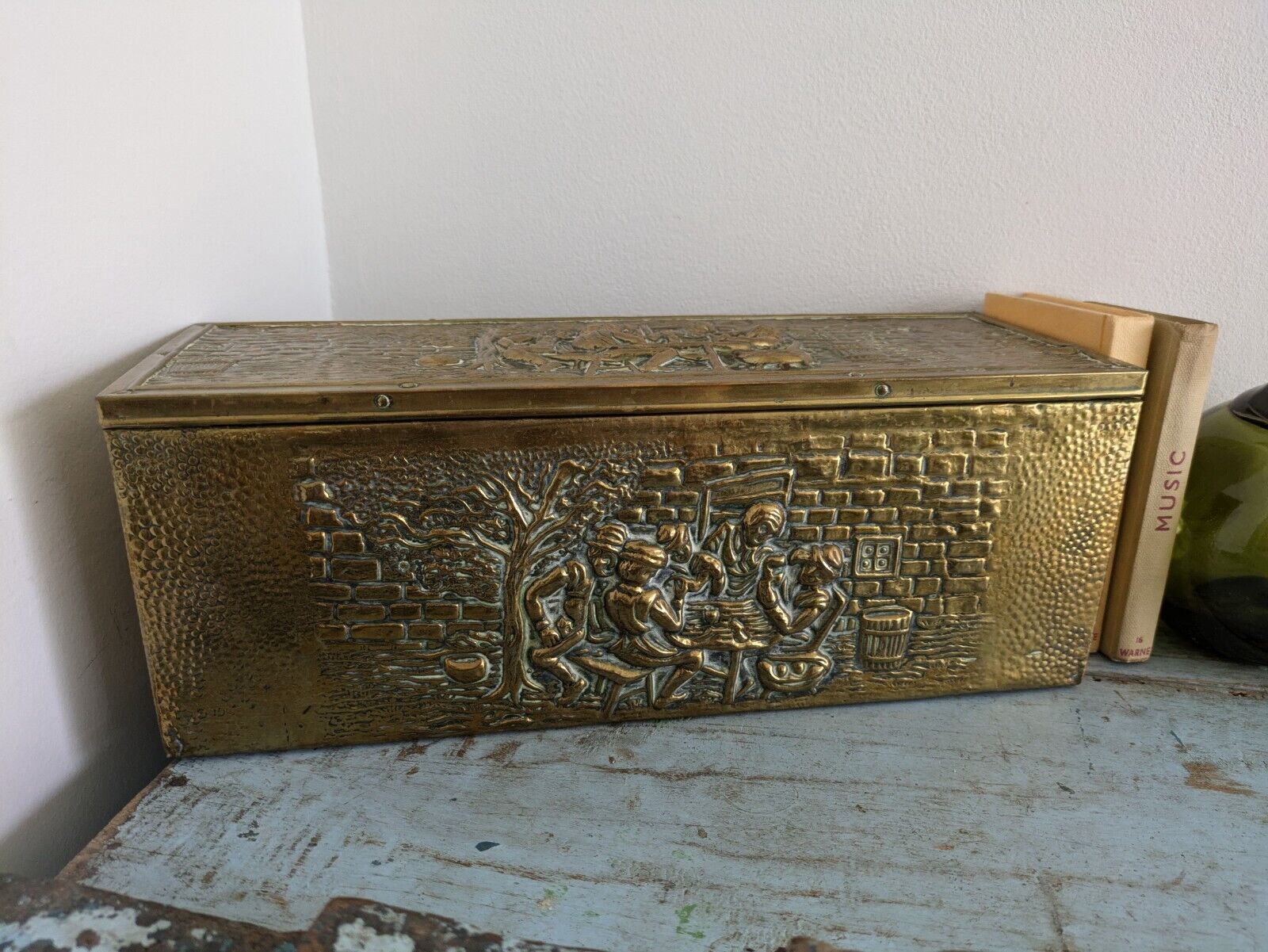 Antique 19th Century Vintage Embossed Brass and Wood Slipper Box Narrow Storage 