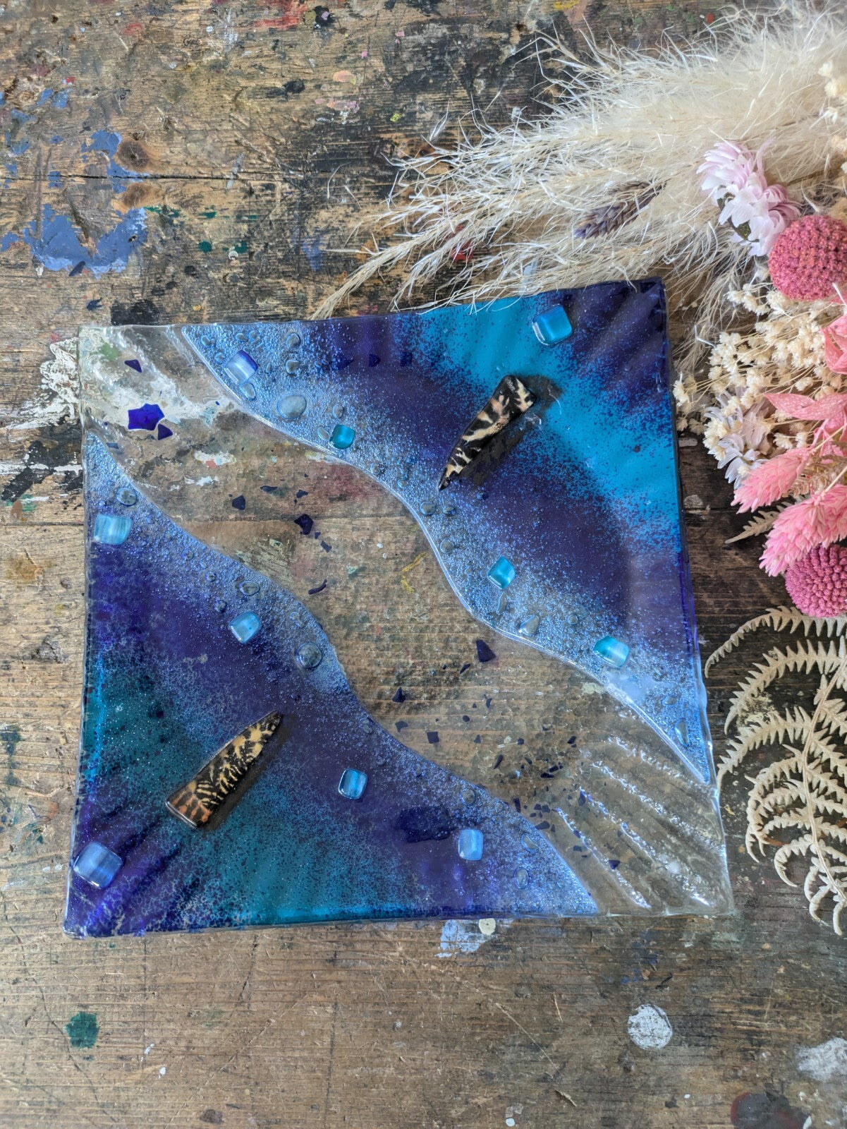 Ribbed fused glass Nautical plate Art Glass Blue Abstract  Square Water River