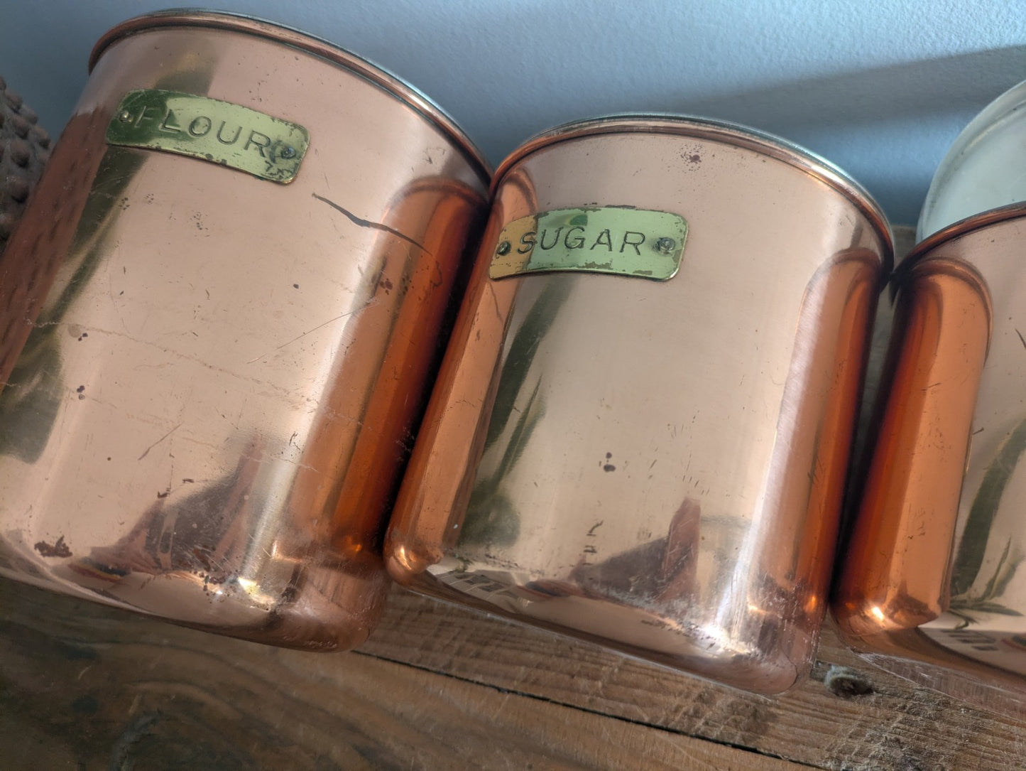 Vtg Copper 4 Nesting Kitchen Canisters MCM Farmhouse Flour Tea Coffee Sugar Prop