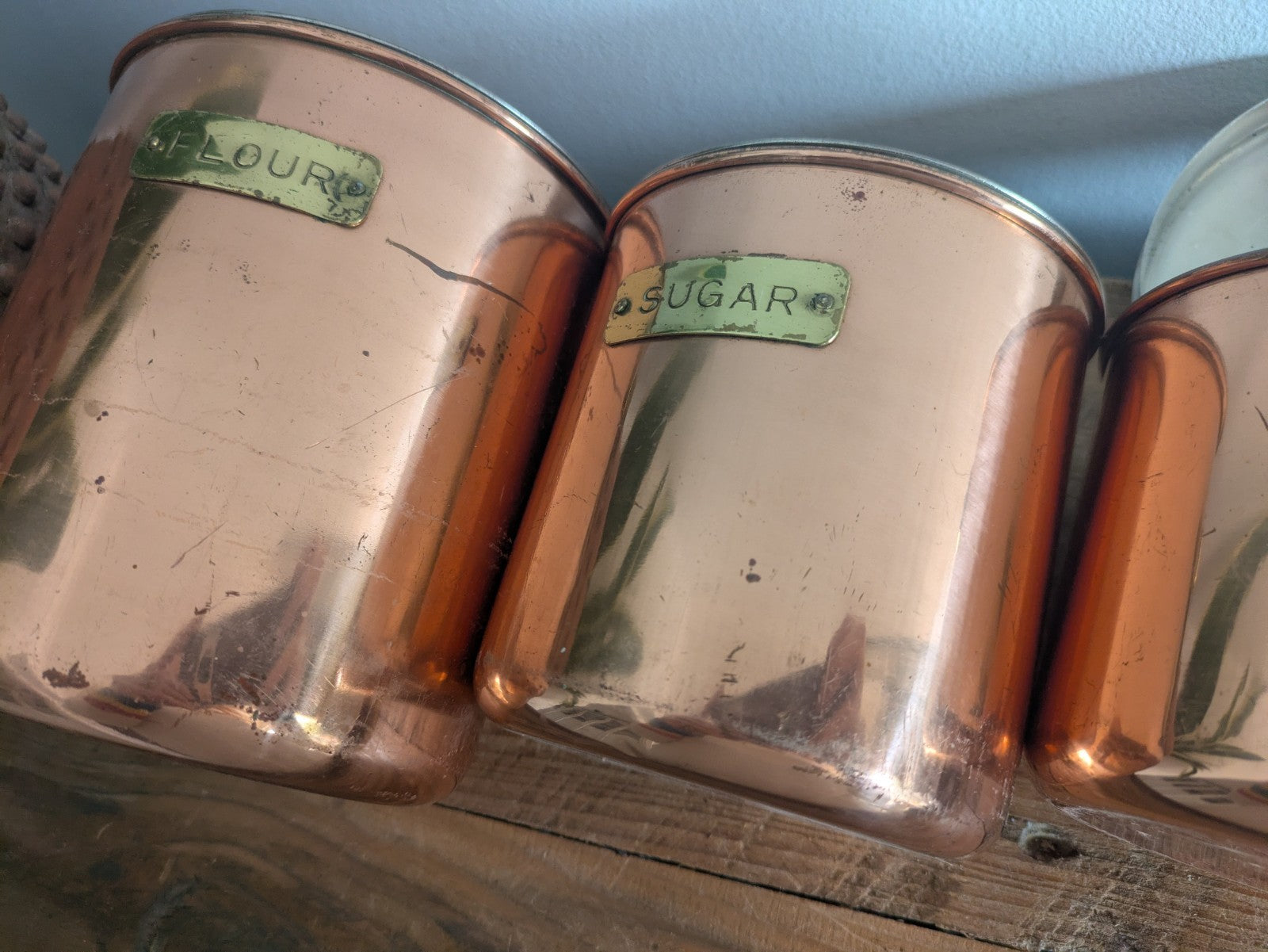 Vtg Copper 4 Nesting Kitchen Canisters MCM Farmhouse Flour Tea Coffee Sugar Prop