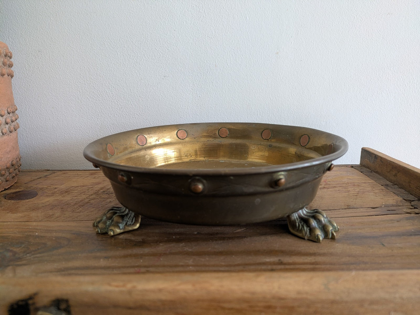 Antique Brass Copper Riveted Jardiniere Lion Paw Feet Plant Stand Bowl Planter