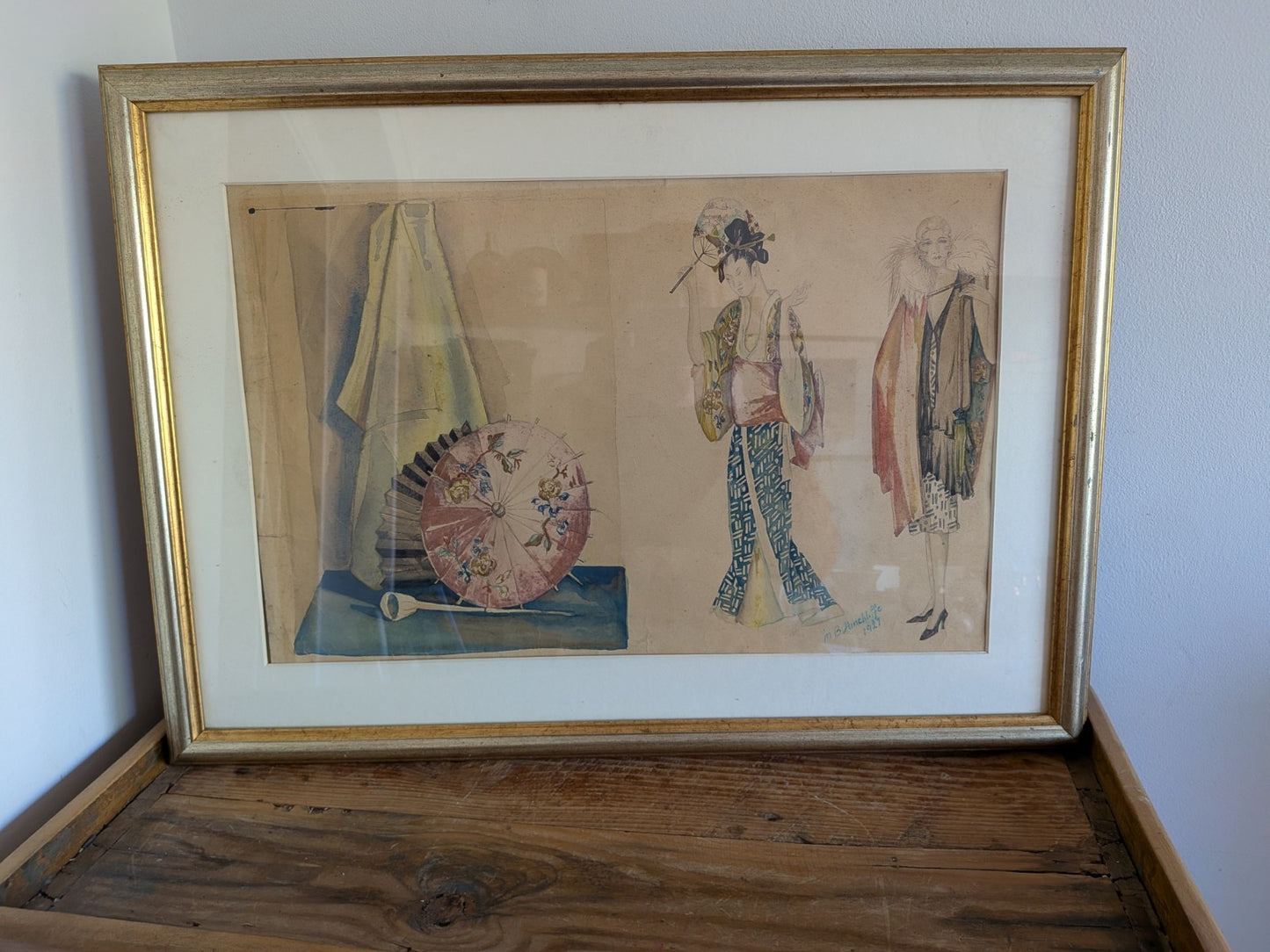 Original Fashion Design Drawing Painting 1920's Signed Hinchliffe Oriental Asian