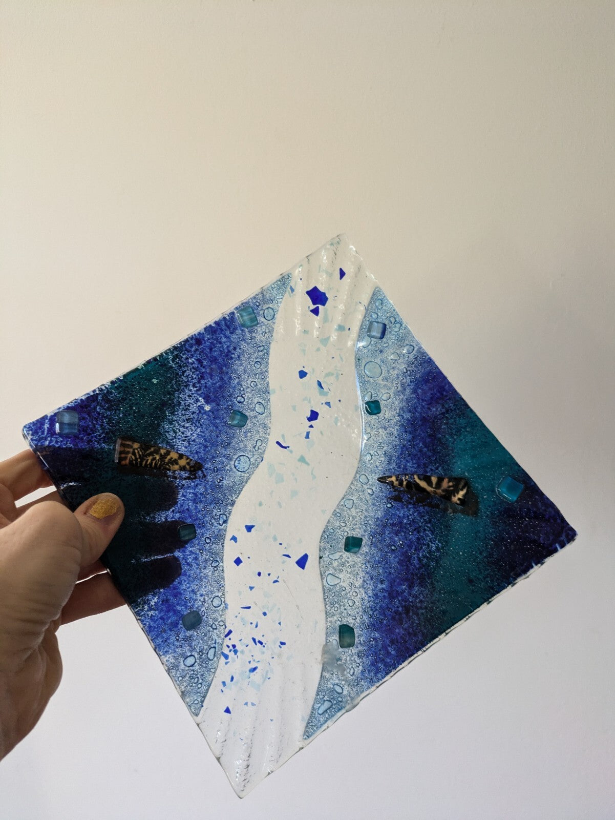 Ribbed fused glass Nautical plate Art Glass Blue Abstract  Square Water River
